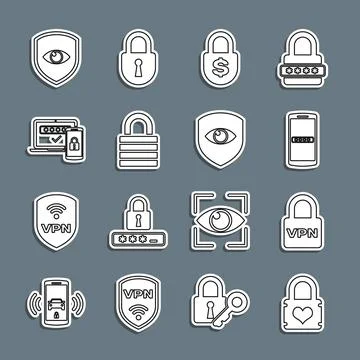 Set line Padlock with heart, Lock VPN, Mobile and password, Money, Two steps Stock Illustration