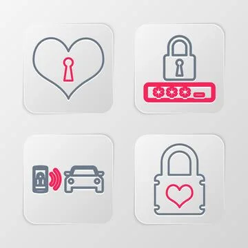Set line Padlock with heart, Smart car alarm system, Password protection an.. Stock Illustration