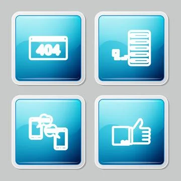 Set line Page with a 404 error, Server, Chat messages on mobile and Hand thumb Stock Illustration