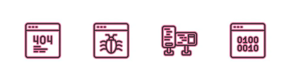 Set line Page with a 404 error, Computer monitor screen, System bug and Binary 스톡 일러스트