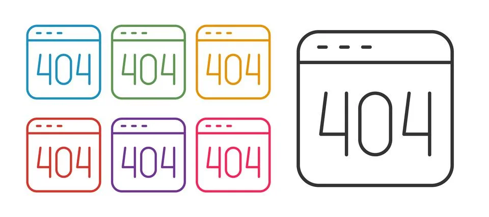 Set line Page with a 404 error icon isolated on white background. Template Illustrazione stock