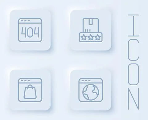 Set line Page with a 404 error, Consumer product rating, Online shopping screen Stock Illustration