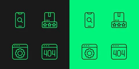 Set line Page with a 404 error, Browser setting, Magnifying glass and mobile and Stock Illustration