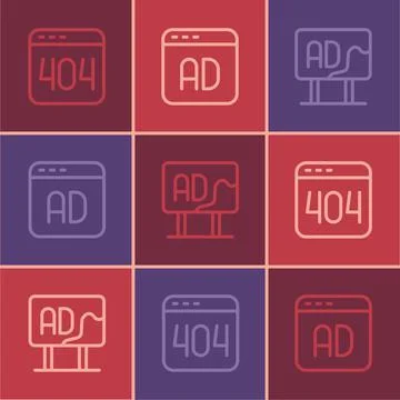Set line Page with a 404 error, Advertising and icon. Vector Illustrazione stock