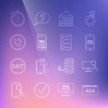 Set line Page with a 404 error, Computer monitor diagnostics, Mobile FAQ Stock Illustration