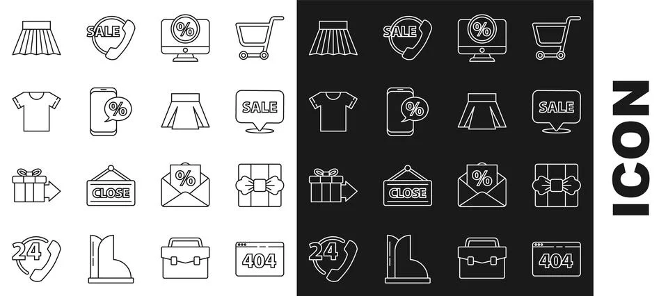 Set line Page with a 404 error, Gift box, Hanging sign Sale, Percent discount Stock Illustration