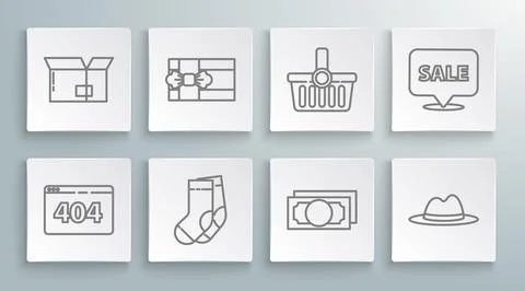 Set line Page with a 404 error, Gift box, Socks, Stacks paper money cash, Man 스톡 일러스트