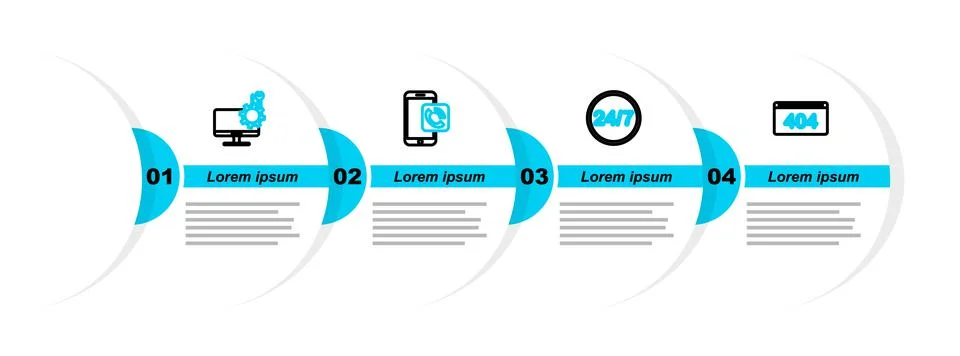 Set line Page with a 404 error, Clock 24 hours, Mobile phone call and Compute イラスト素材
