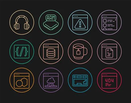 Set line Page with a 404 error, Software, Browser exclamation mark, Server, D Ilustración de archivo