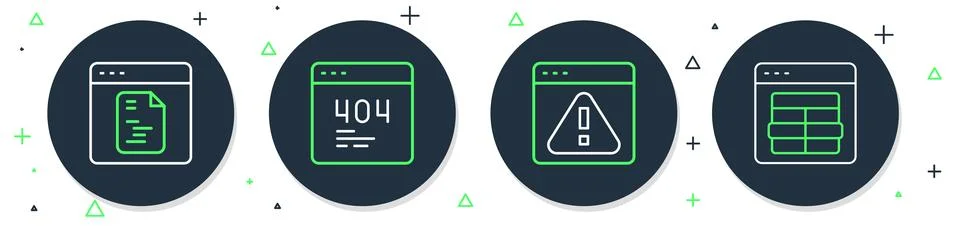 Set line Page with a 404 error, Browser exclamation mark, Software and MySQL Ilustración de archivo