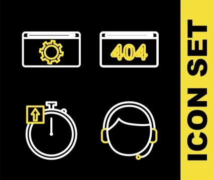 Set line Page with a 404 error, Man headset, Stopwatch and Setting icon. Vector Illustrazione stock