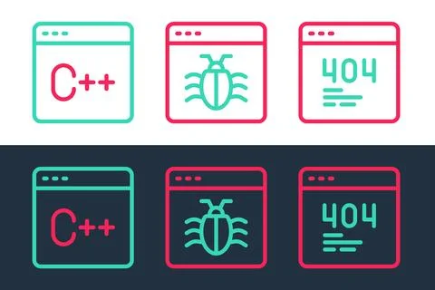 Set line Page with a 404 error, Software and System bug icon. Vector Ilustración de archivo