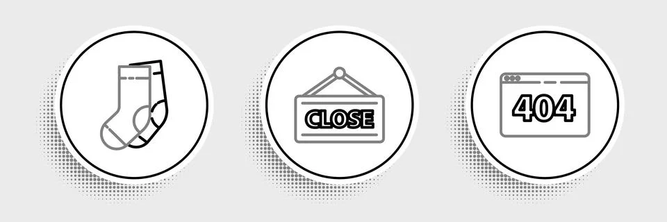 Set line Page with a 404 error, Socks and Hanging sign Closed icon. Vector Stockillustratie
