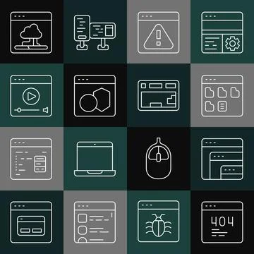 Set line Page with a 404 error, Software, Browser files, exclamation mark Stock-Illustration