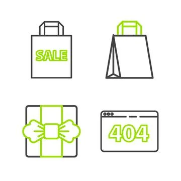 Set line Page with a 404 error Gift box Paper shopping bag and Shoping Sale i Stock Illustration