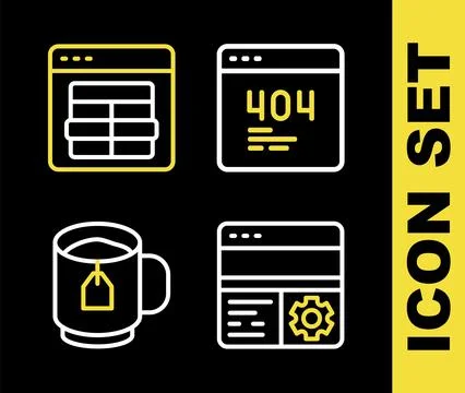 Set line Page with a 404 error Debugging Cup of tea tea bag and MySQL code ic Stock Illustration