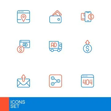 Set line Page with a 404 error, Share, Mail and e-mail, Financial growth do.. Stock Illustration