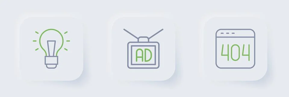 Set line Page with a 404 error, Advertising and Light bulb icon. Vector 스톡 일러스트