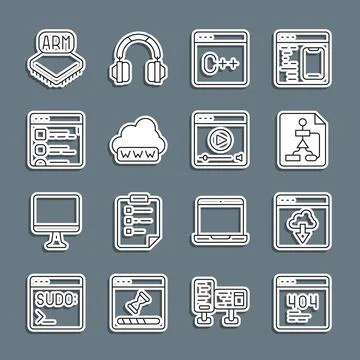 Set line Page with a 404 error, Cloud technology data transfer, Flowchart, .. Stock Illustration
