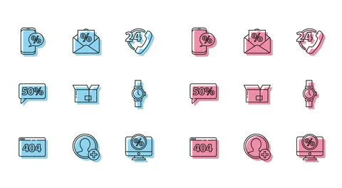 Set line Page with a 404 error, Create account screen, Percent discount and.. Stock Illustration
