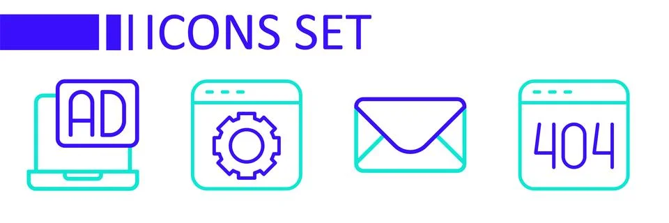 Set line Page with a 404 error, Mail and e-mail, Browser setting and Advert.. Stock Illustration
