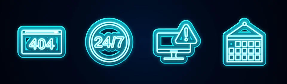 Set line Page with a 404 error, Clock 24 hours, Monitor exclamation mark and  Stock Illustration