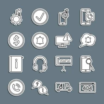 Set line Page with a 404 error, Mobile phone diagnostics, Speech bubble cha.. Stock Illustration