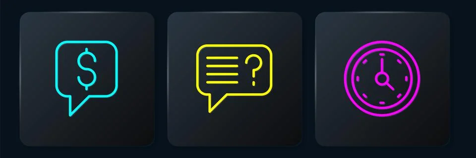 Set line Paid support, Clock and Unknown search. Black square button. Vector Illustrazione stock