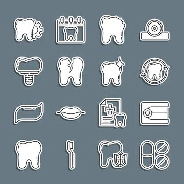 Set line Painkiller tablet, Dentures model, Tooth whitening, Broken tooth, .. 스톡 일러스트