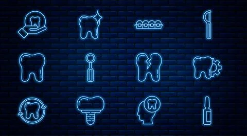 Set line Painkiller tablet, Tooth treatment procedure, Teeth with braces, Dental Illustrazione stock