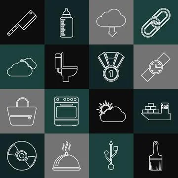 Set line Paint brush, Cargo ship, Wrist watch, Cloud download, Toilet bowl, Meat Stock Illustration