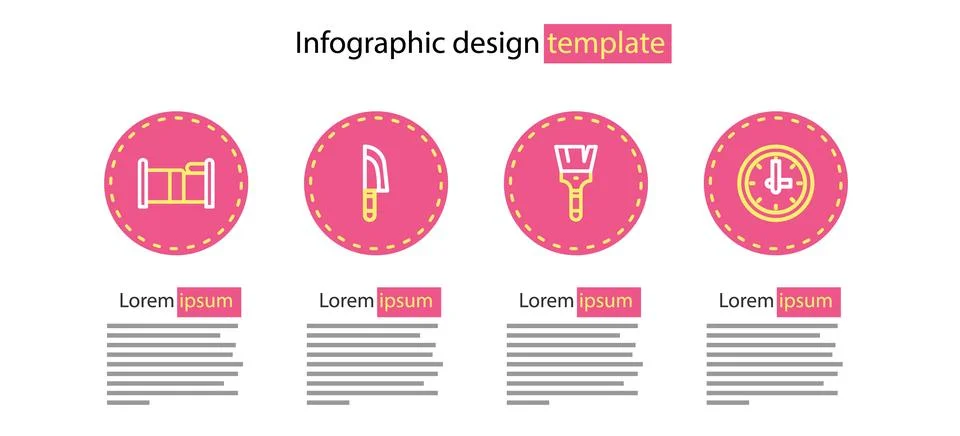 Set line Paint brush, Clock, Knife and Bed icon. Vector Illustrazione stock