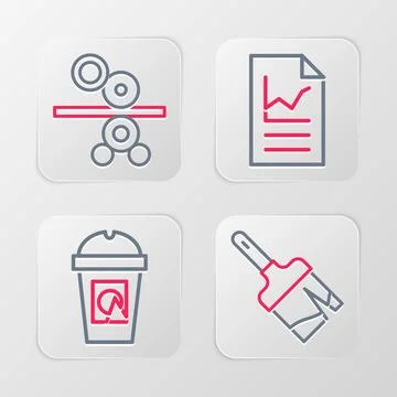 Set line Paint brush, Coffee cup to go, Document with graph chart and Paper.. Stock-Illustration