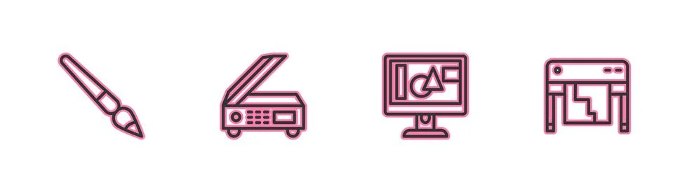 Set line Paint brush, Computer monitor screen, Scanner and Plotter icon. Vector Stock Illustration