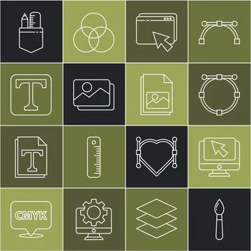 Set line Paint brush, Computer monitor and cursor, Circle with Bezier curve, Web Stock Illustration