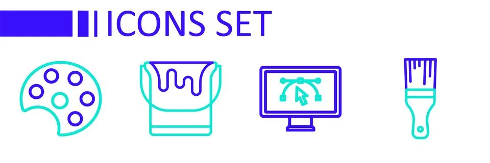 Set line Paint brush, Computer with design program, bucket and Palette icon.. Illustrazione stock