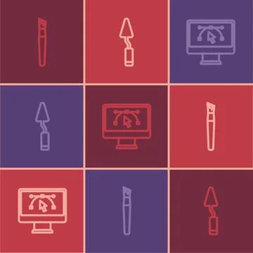 Set line Paint brush, Computer with design program and Palette knife icon. .. Stock Illustration