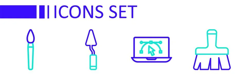 Set line Paint brush, Computer with design program, Palette knife and  icon.. Stock Illustration
