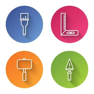 Set line Paint brush, Corner ruler, Sledgehammer and Trowel. Color circle but Stock Illustration