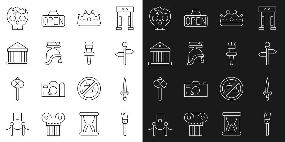 Set line Paint brush, Dagger, Road traffic signpost, King crown, Roman army Ilustración de archivo