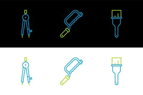 Set line Paint brush, Drawing compass and Hacksaw icon. Vector 스톡 일러스트