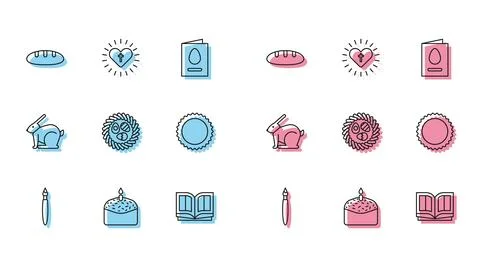 Set line Paint brush, Easter cake and candle, Bread loaf, Holy bible book, .. Stock Illustration