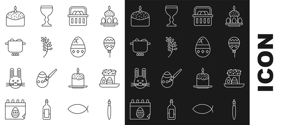Set line Paint brush, Easter cake and eggs, Balloons with ribbon, Basket ea.. Stock Illustration