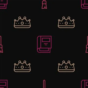 Set line Paint brush, King crown and History book on seamless pattern. Vector Illustrazione stock