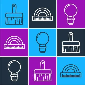 Set line Paint brush, Light bulb and Protractor icon. Vector 库存插图