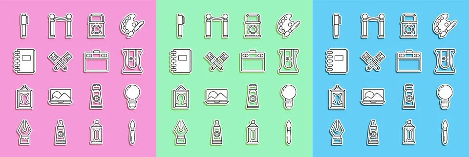 Set line Paint brush, Light bulb, Pencil sharpener, bucket, Crossed paint, .. Stock-Illustration