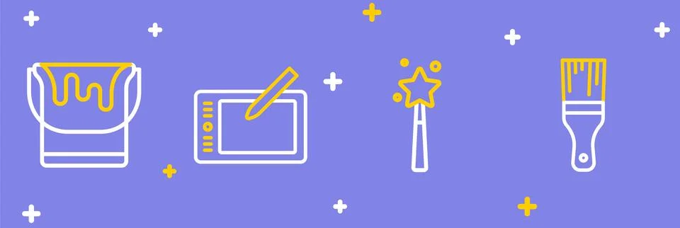 Set line Paint brush, Magic wand, Graphic tablet and bucket icon. Vector 스톡 일러스트