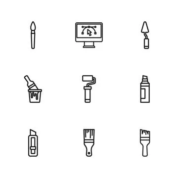 Set line Paint brush, Marker pen, roller, Palette knife, Computer with desi.. Stock Illustration