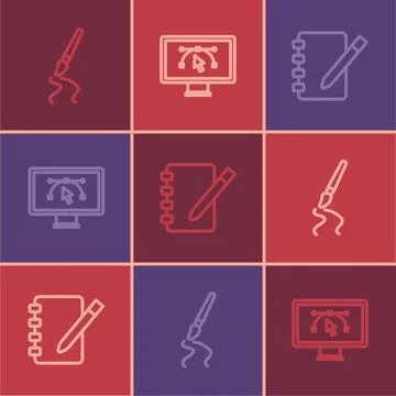 Set line Paint brush, Notebook and Computer with design program icon. Vector Stock Illustration