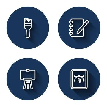 Set line Paint brush Notebook Wood easel and Computer with design program wit Stock Illustration